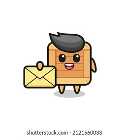 cartoon illustration of wooden box holding a yellow letter , cute style design for t shirt, sticker, logo element