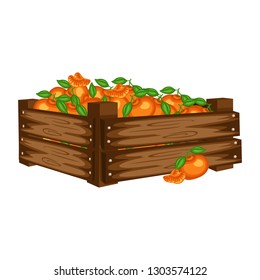 Cartoon Illustration of Wooden Box with Mandarin. Fruits in Big Wooden Container Vector Isolated on White Background