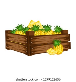 Cartoon Illustration of Wooden Box with Pineapple. Fruits in Big Wooden Container Vector Isolated on White Background