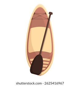 Cartoon illustration of a wooden canoe with a paddle lying on sand