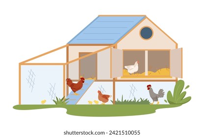 Ilustración de caricatura de una gallina de madera con gallinas, gallos y polluelos. Granja de aves de corral vectorial, granero, gallinero, diferentes aves domésticas aisladas en fondo blanco. Concepto de agricultura agrícola