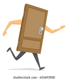 Cartoon illustration of wooden door on the run