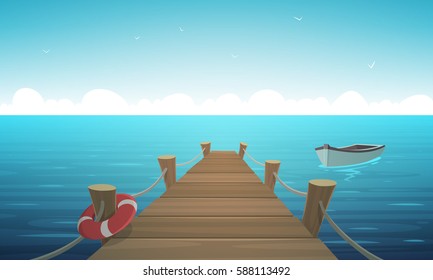 Cartoon illustration of the wooden pier with ropes, life-buoy and boat in the ocean.
