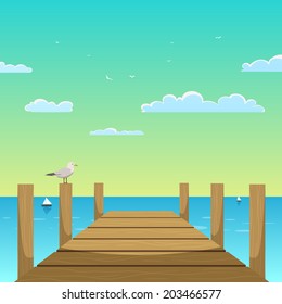 Cartoon illustration of the wooden pier with seagull.