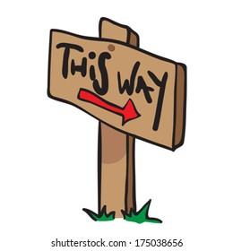 cartoon illustration of wooden sign with arrow saying this way