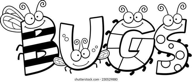 A cartoon illustration of the word bugs with an insect theme.