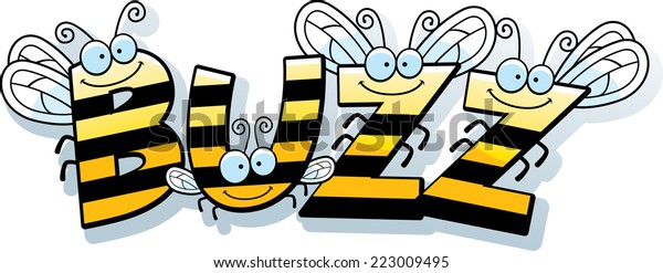 A\
cartoon illustration of the word buzz with a bee\
theme.