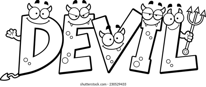 A cartoon illustration of the word devil with a devil theme.