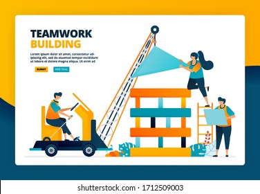 Cartoon illustration of worker building a construction. Planning and strategy in teamwork and collaboration. Human development. Vector design for landing page website web banner mobile apps poster