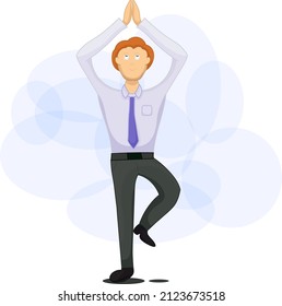 cartoon illustration a worker doing yoga isolated