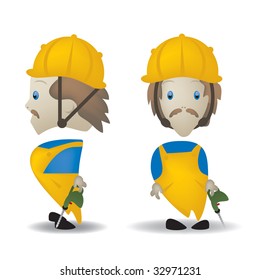 A cartoon illustration of a worker front and side view