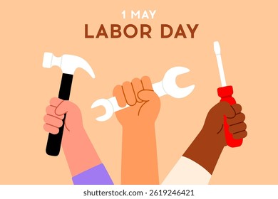 Cartoon illustration of workers' hands holding hammer, wrench, and screwdriver celebrating Labor Day.