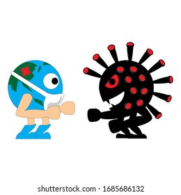 Cartoon Illustration Of The World Against The Corona Virus