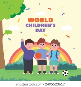 cartoon illustration of world children's day, little children welcome very happily with their friends, flat design style