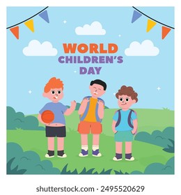 cartoon illustration of world children's day, little children welcome very happily with their friends, flat design style