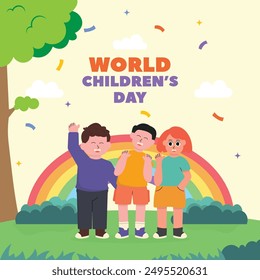 cartoon illustration of world children's day, little children welcome very happily with their friends, flat design style