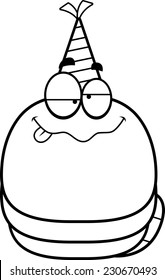 A cartoon illustration of a worm with a party hat looking drunk.