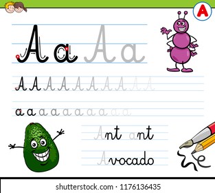 Cartoon Illustration of Writing Skills Practice with Letter A for Preschool and Elementary Age Children