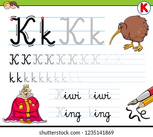 Cartoon Illustration of Writing Skills Practice with Letter K for Preschool and Elementary Age Children