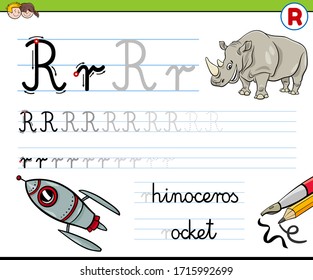 Cartoon Illustration of Writing Skills Practice Worksheet with Letter R for Preschool and Elementary Age Children