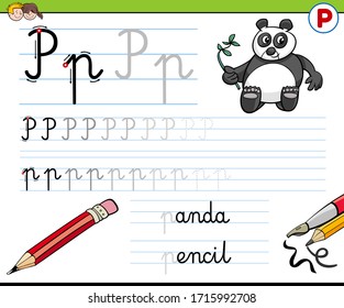 Cartoon Illustration of Writing Skills Practice Worksheet with Letter P for Preschool and Elementary Age Children