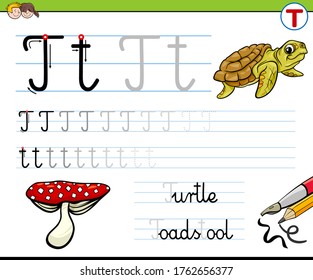Cartoon Illustration of Writing Skills Practice Worksheet with Letter T for Preschool and Elementary Age Children
