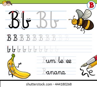 Cartoon Illustration Of Writing Skills Practice With Letter B Worksheet For Children