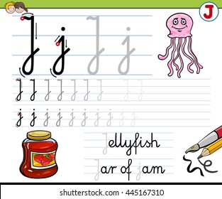Cartoon Illustration of Writing Skills Practice with Letter J Worksheet for Children