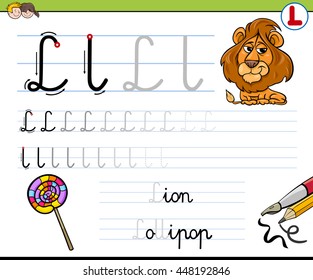 Cartoon Illustration of Writing Skills Practice with Letter L Worksheet for Children