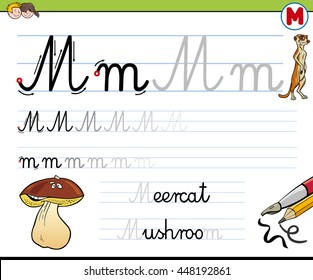 Cartoon Illustration of Writing Skills Practice with Letter M Worksheet for Children