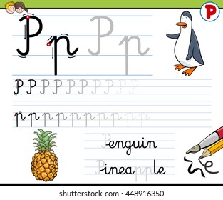 Cartoon Illustration of Writing Skills Practice with Letter P Worksheet for Children