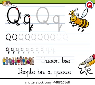 Cartoon Illustration of Writing Skills Practice with Letter Q Worksheet for Children