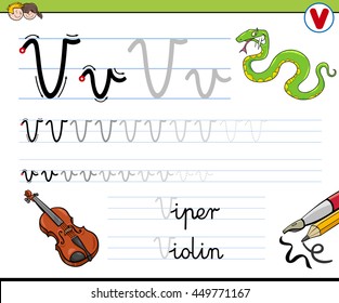 Cartoon Illustration of Writing Skills Practice with Letter V Worksheet for Children