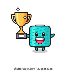 Cartoon Illustration of yarn spool is happy holding up the golden trophy , cute style design for t shirt, sticker, logo element