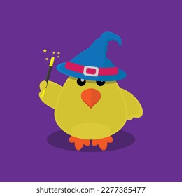 A cartoon illustration of a yellow bird wearing a witch hat and a witch hat.