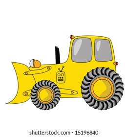 Cartoon illustration of a yellow bulldozer with tractor tires