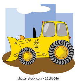 Cartoon illustration of a yellow bulldozer with tractor tires on dirt with sky on background