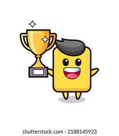 Cartoon Illustration of yellow card is happy holding up the golden trophy , cute style design for t shirt, sticker, logo element