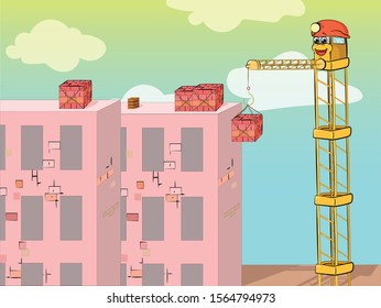 Cartoon illustration of yellow crane with cute face and helmet building a new residential complex of bricks. Vector.