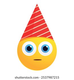 Cartoon illustration of a yellow emoji wearing a red and white party hat and looking confused