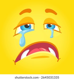 Ilustração de desenho animado de um rosto amarelo com olhos azuis, chorando com lágrimas azuis, boca aberta e expressão triste, representando tristeza e tristeza em um fundo amarelo