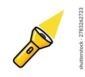 A cartoon illustration of a yellow flashlight pointing upwards with a bright yellow light beam shining out