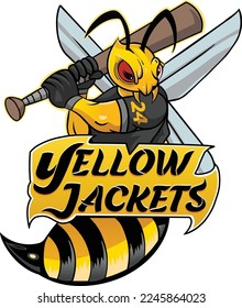 Cartoon illustration of yellow jacket  holding baseball bat. Wasp svg