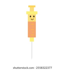 Cartoon illustration of a yellow and orange syringe with a smiling face, featuring a needle at the bottom and a friendly expression to reduce fear or anxiety about injections