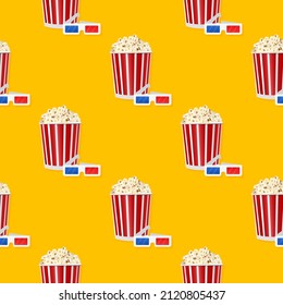 Cartoon illustration with yellow popcorn pattern on yellow background. Pink, white pattern vector illustration