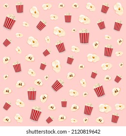 Cartoon illustration with yellow popcorn pattern on pink background. Pink, white pattern vector illustration