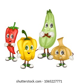 Cartoon Illustration of a Yellow and Red Peppers, Zucchini and Vidalia Onion. Sweet Happy Pepper and Hot Angry Jalapeno. Set of Cute Veggie Mascots. Vector Illustration