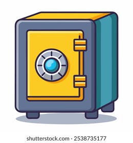 A cartoon illustration of a yellow safe with a combination lock and a blue jewel in the center. This whimsical safe design is perfect for adding a touch of fun to your projects.