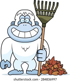 A cartoon illustration of a yeti raking Fall leaves.