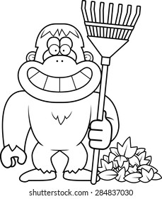 A cartoon illustration of a yeti raking Fall leaves.